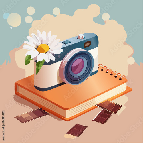 A nostalgic vector showing a vintage camera, film negatives, notebook, and daisy on a warm tabletop. Ideal for photography or storytelling visuals.