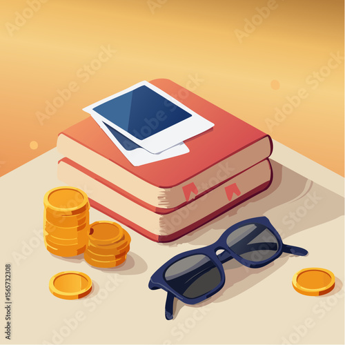 A warm vector scene of travel photos, journal, coins, and sunglasses arranged on a tabletop. Great for travel blogs, memories, or lifestyle content.