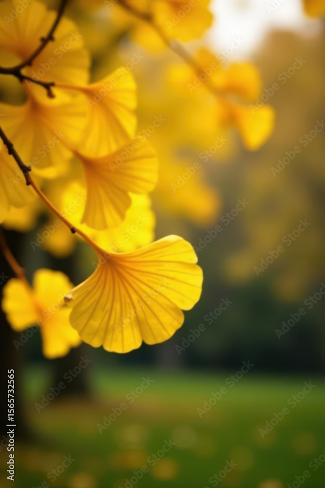 Obraz premium Fan-shaped ginkgo leaves, brilliant yellow against autumn garden backdrop , macro, park, sunlight