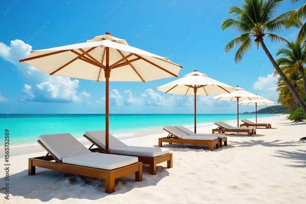 Obraz premium Luxurious umbrella-shaded cabanas line a pristine beach, offering ultimate relaxation and shade Perfect for travel, vacation, and resort marketing , relaxation, calm