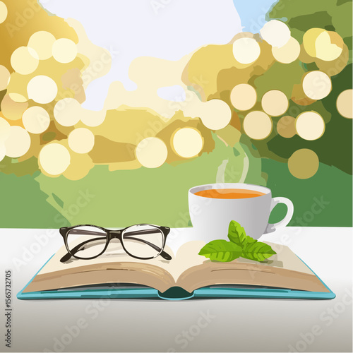 A warm vector showing an open book, glasses, loose tea, and mug. Calm, cozy, and ideal for wellness, reading, or lifestyle visuals.