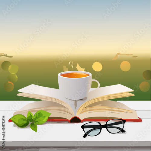 A warm vector showing an open book, glasses, loose tea, and mug. Calm, cozy, and ideal for wellness, reading, or lifestyle visuals.