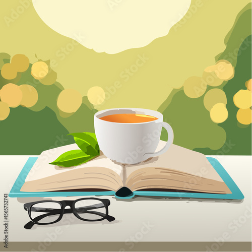 A warm vector showing an open book, glasses, loose tea, and mug. Calm, cozy, and ideal for wellness, reading, or lifestyle visuals.