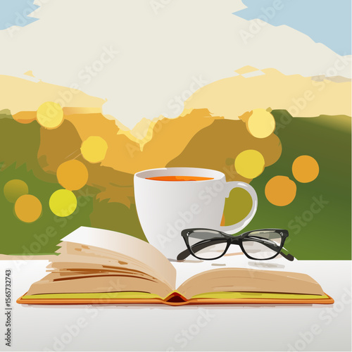 A warm vector showing an open book, glasses, loose tea, and mug. Calm, cozy, and ideal for wellness, reading, or lifestyle visuals.