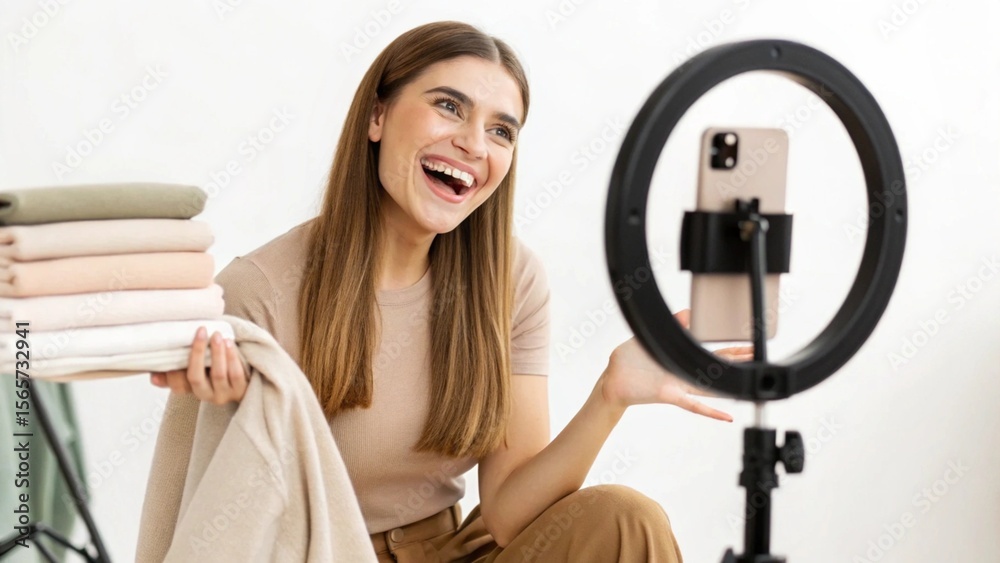 Close Up of Happy Young Woman Doing Live Shopping in Minimal Studio Setup With Plain Clothes and Clean Background Close Up of Happy Young Woman Doing Live Shopping in Minimal Studio Setup With Plain Clothes and Clean Background
