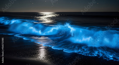 Mesmerizing Bioluminescent Waves Crashing on the Shore at Night