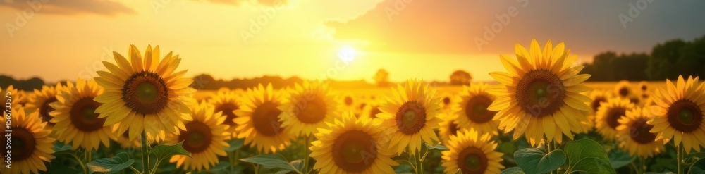 Fototapeta premium Golden hour sunbeams bathe towering sunflowers , orange, countryside