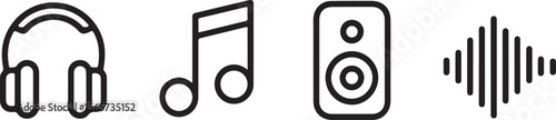 Black and white music icons headphones musical note speaker sound wave on white background