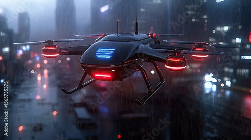 Futuristic Drone Soaring Over a Rain-Soaked Cityscape