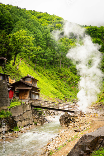 Traditional Japanese village street near Jigokudani Monkey Park in Nagano

