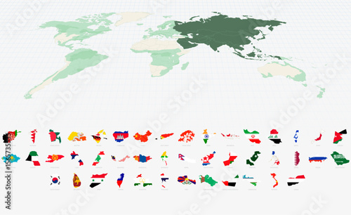 Asian Country Shapes with Flags on a Highlighted World Map