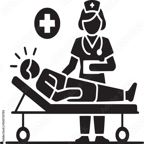 Nurse attending to patient on gurney with medical cross and head injury in black and white illustration