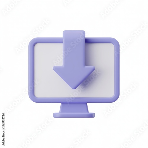 Lavender computer monitor with white screen, downward arrow, downloading icon, saving data, importing files, digital technology, vector render, minimalist design, white background.