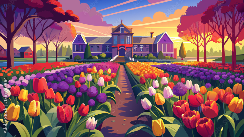 Keukenhof Gardens in the Netherlands transform into a sea of red, yellow, and purple tulips in spring, glowing softly in the gentle sunlight.