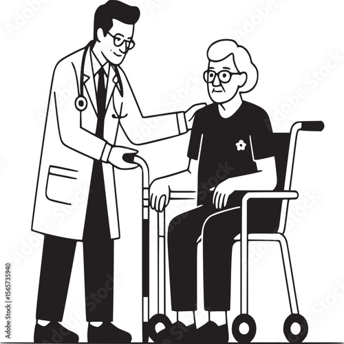Doctor assisting senior woman in wheelchair with walker in black and white illustration style art