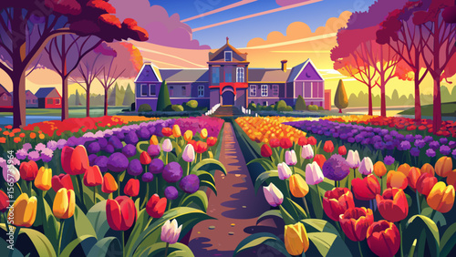 Keukenhof Gardens in the Netherlands transform into a sea of red, yellow, and purple tulips in spring, glowing softly in the gentle sunlight.