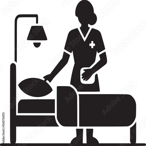 Illustration of a nurse tending to a patient in a hospital bed with an overhead lamp present near