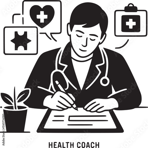 Health coach writing on a clipboard with medical icons and a plant in black and white illustration
