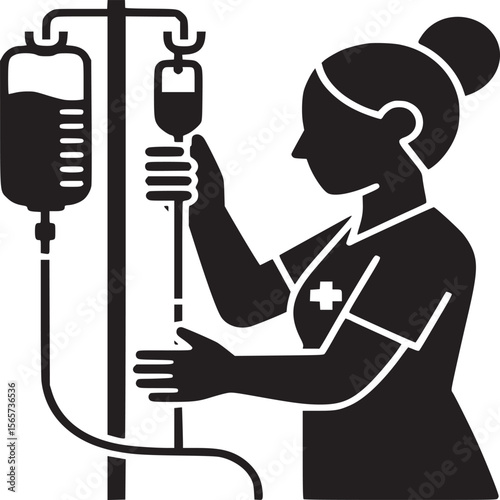 Illustration of a nurse adjusting an iv drip with a bag hanging from a metal stand in black and white