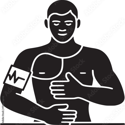 Man with blood pressure cuff holding chest in black and white minimalist medical illustration style