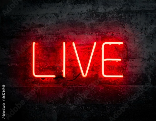 Wallpaper Mural Red neon "LIVE" sign glowing brightly against a dark, textured concrete wall, creating a vibrant and energetic atmosphere for broadcasts, events, or modern themes. Torontodigital.ca