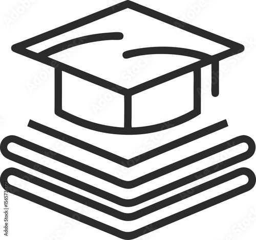 An outline icon graduation cap on a book with white background.