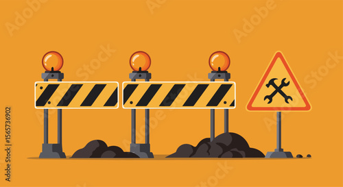 Under Construction Barricades and Warning Sign

