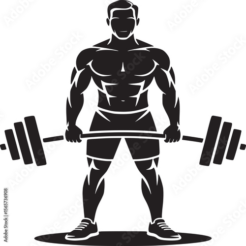 Silhouette of muscular man lifting barbell in black and white fitness and exercise illustration