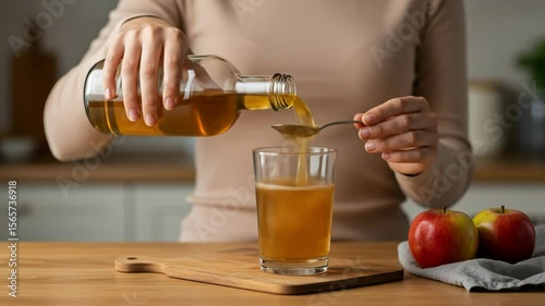 Apple Cider Vinegar Tonic: Woman Pouring Healthy Drink with Spoon and Apples