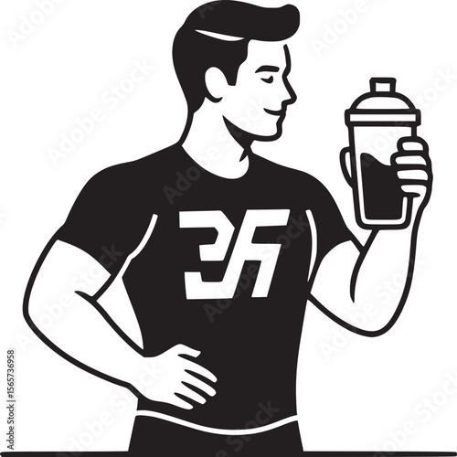 Man in black shirt holding a shaker bottle with liquid inside on a neutral background illustration