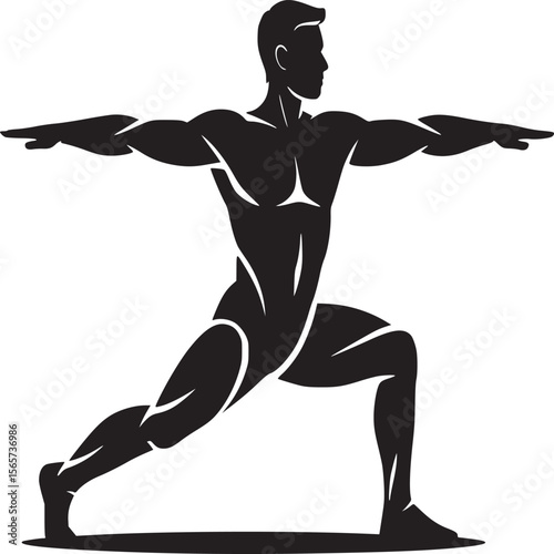 Silhouette of a muscular man in warrior pose with arms extended in a vector illustration style