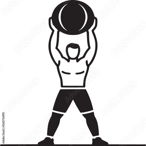 Illustration of a man lifting a medicine ball overhead in a stylized black and white drawing style