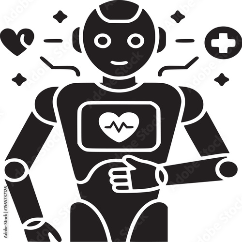 Illustration of a medical robot with heart rate monitor and health symbols on a light gray background