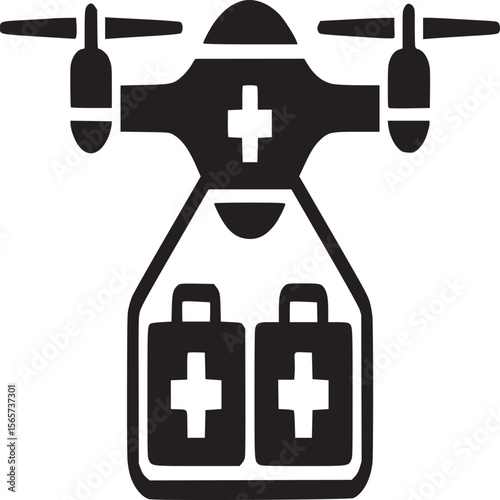 Illustration of a black drone carrying two medical kits with crosses on a white background