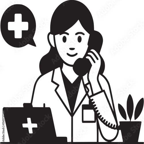 Doctor on phone at desk with laptop and plant in black and white line art illustration style