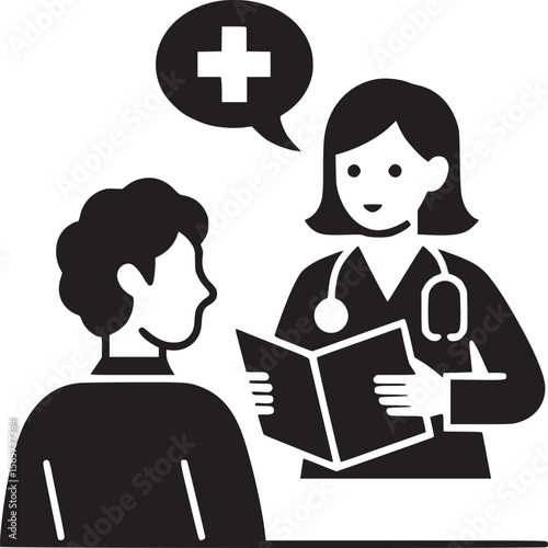 Black and white illustration of a doctor with patient and medical symbol in speech bubble above