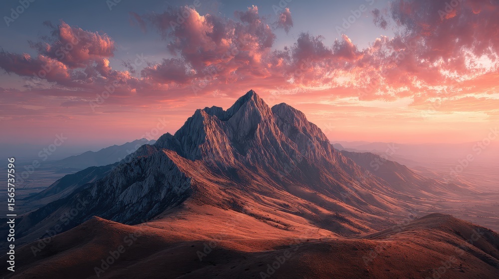 Fototapeta premium Aerial view of mountain peaks glowing under a vibrant sunset sky with scattered clouds