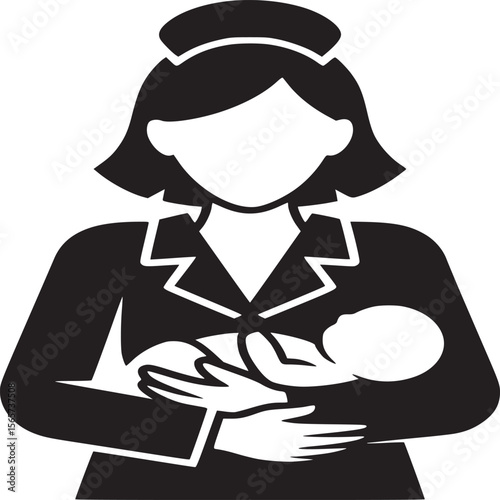 A black and white graphic of a nurse holding a newborn baby in her arms with a white background