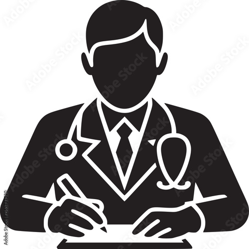 Silhouette of a doctor writing on a clipboard wearing a lab coat and a stethoscope around the neck