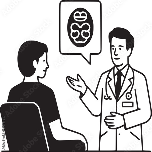 Doctor explaining brain scan results to patient in a medical consultation setting in black and white line art