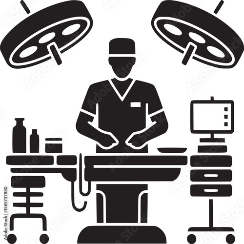 An illustration of a surgeon in an operating room with lights and medical equipment in black and white