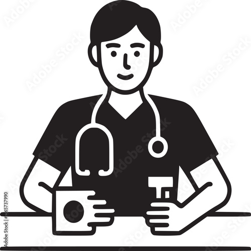 Illustration of a doctor with a stethoscope holding medicine and a pill bottle on a table