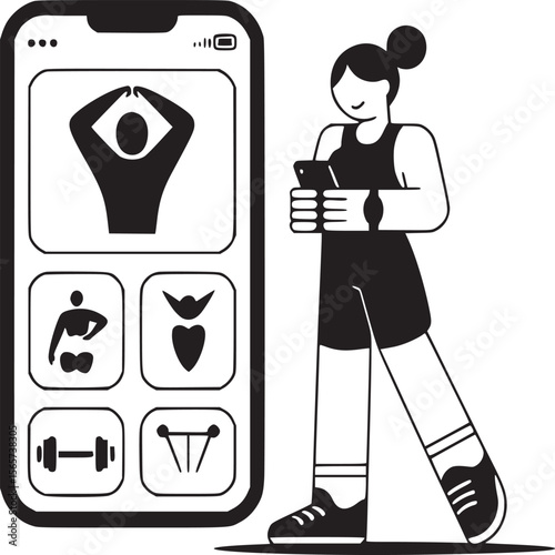 Woman using fitness app on smartphone with exercise icons for workout routine and healthy lifestyle