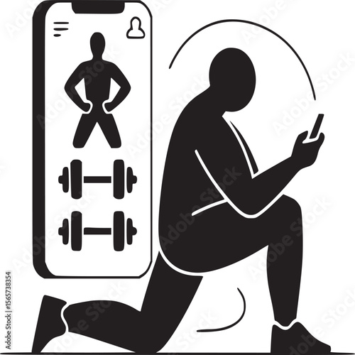 Man doing lunges and looking at a phone with a fitness app displayed on the screen in black and white