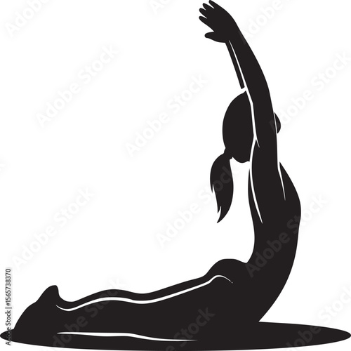 Silhouette of a woman performing yoga pose with arms raised and back arched on a gray background