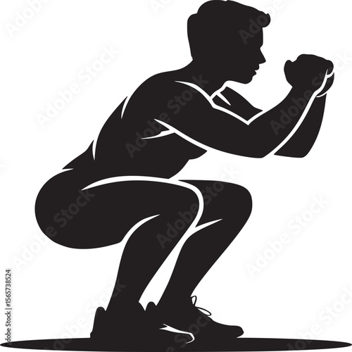 Silhouette of a person doing a squat exercise with hands clenched in front on a light background
