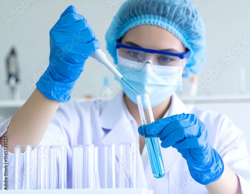 Female scientist in protective gear precisely pipetting a blue liquid into a test tube during a laboratory experiment, symbolizing research and innovation.