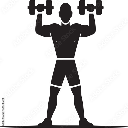 Silhouette of a muscular man lifting dumbbells overhead in a fitness or workout illustration style image