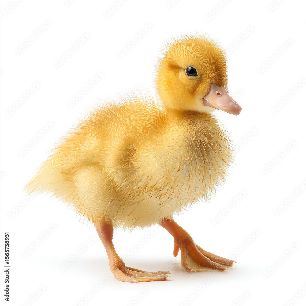 Obraz premium A cute yellow duckling standing on a white background, showcasing its fluffy feathers and curious expression