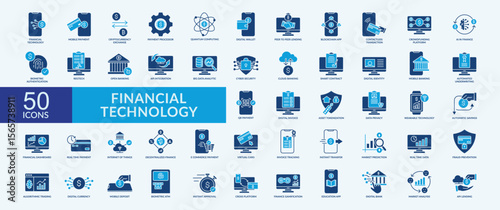 Financial technology icon collection set with mobile payment, digital wallet, contactless transaction, big data analytic, cyber security